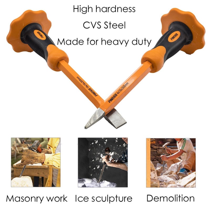 Finder 2 pcs 12-Inch Heavy Duty Chisels Set With Hand Protection, Flat Head and Pointed/Spear Head, Demolishing/Masonry/Carving/Concrete Breaker Chisels set with Bi-Material Hand Guard â€¦ - Image 3